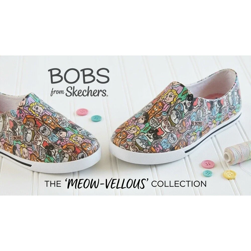 Skechers BOBS Aquamenace Cat Print Shoes Women Sz 9 Slip On EVA Foam Rubber Flat - Picture 1 of 13